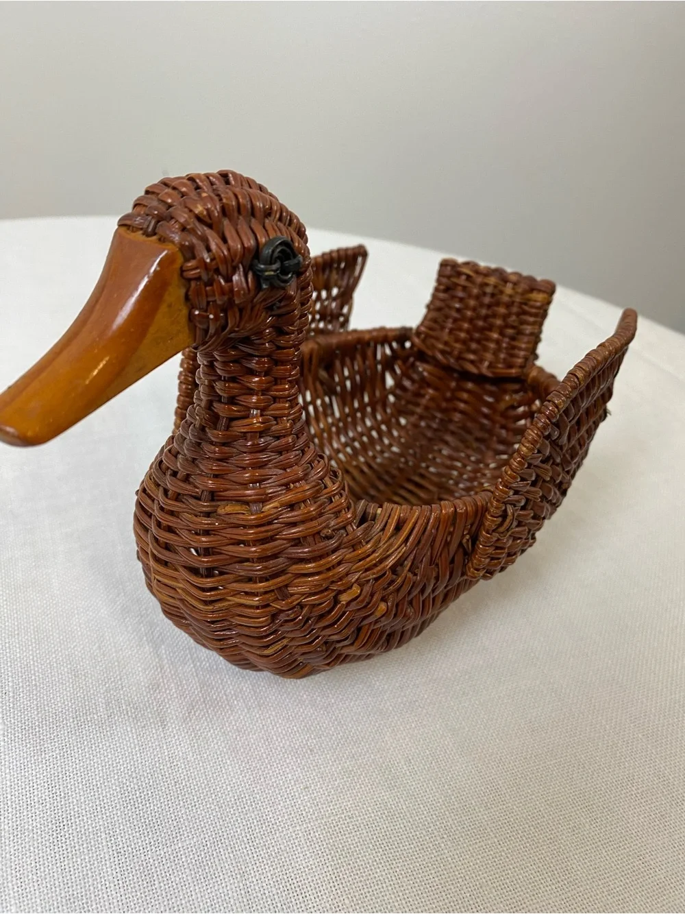 Vintage Wicker/Woven Duck with Wood Bill Basket